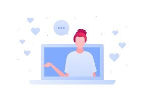 A cartoon of a lady sitting at a computer with love hearts all around