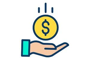 A cartoon hand with a coin dropping into it with a dollar sign on the coin
